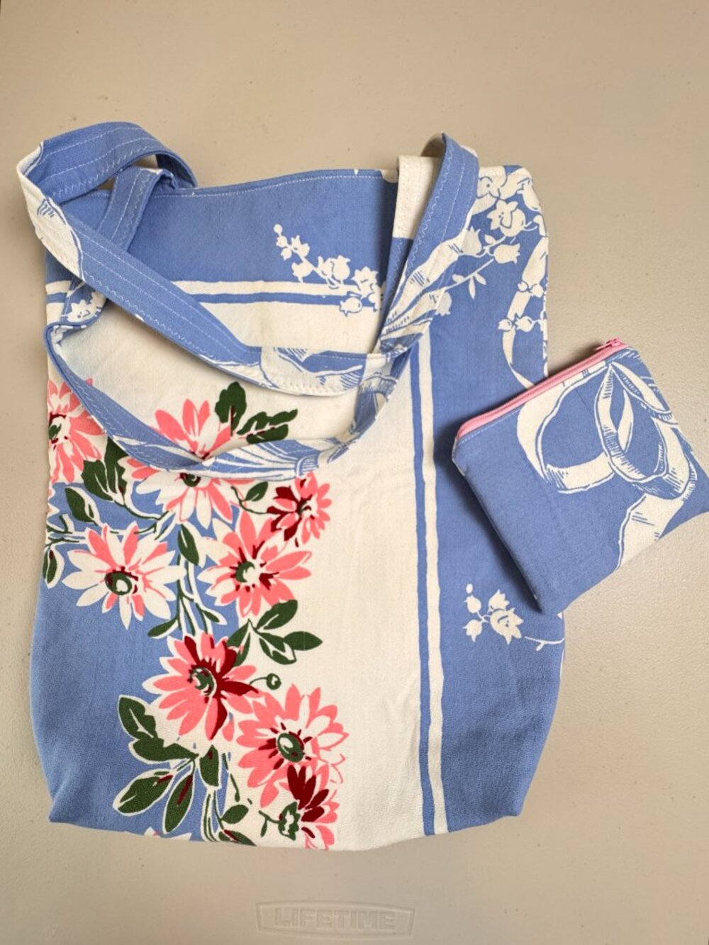 Handmade Blue Floral Tote Bag Large Fabric Shopping Market Bag + Matching Pouch